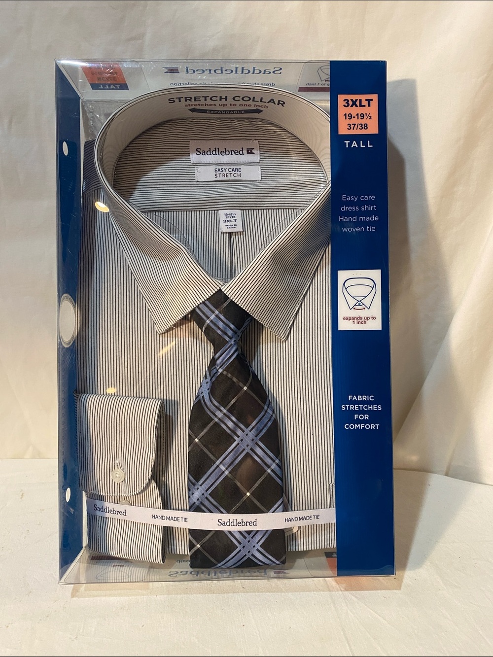 Saddlebred Black & White Striped Dress Shirt with Plaid Black and Blue Tie